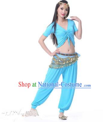 Asian Indian Belly Dance Costume Stage Performance Blue Outfits, India Raks Sharki Dress for Women