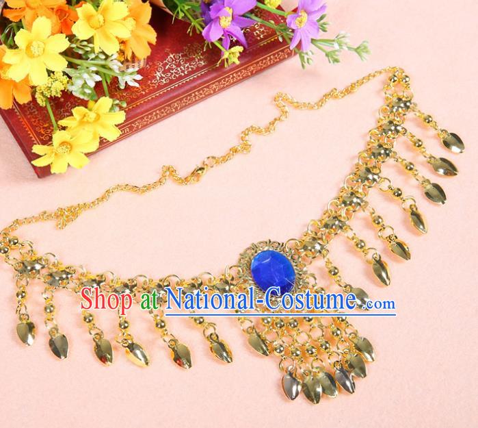 Asian Indian Belly Dance Accessories Necklace India National Dance Blue Crystal Necklet for Women