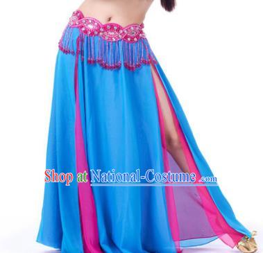 Asian Indian Belly Dance Costume Stage Performance Blue and Rosy Skirt, India Raks Sharki Slit Dress for Women