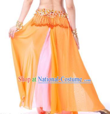 Asian Indian Belly Dance Costume Stage Performance Orange and Pink Skirt, India Raks Sharki Slit Dress for Women