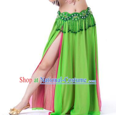 Asian Indian Belly Dance Costume Stage Performance Light Green and Rosy Skirt, India Raks Sharki Slit Dress for Women