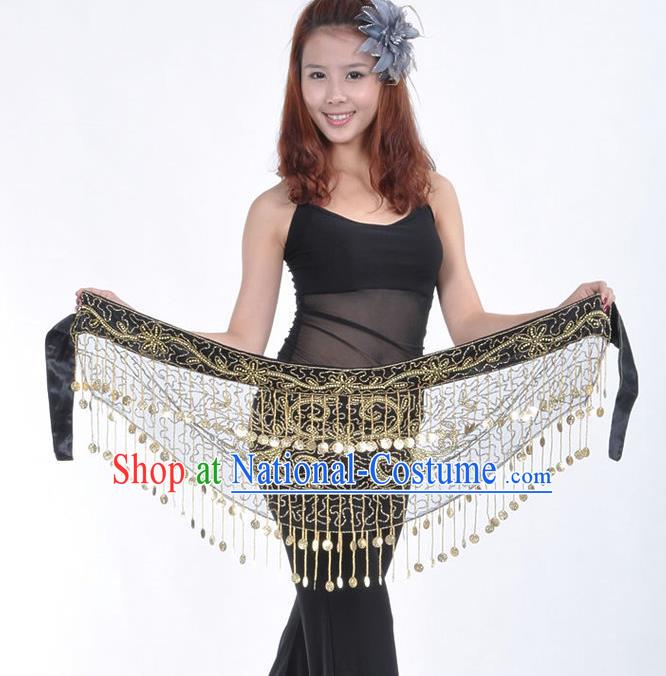 Asian Indian Belly Dance Paillette Black Buttocks Scarf Tassel Waistband India Raks Sharki Belts for Women