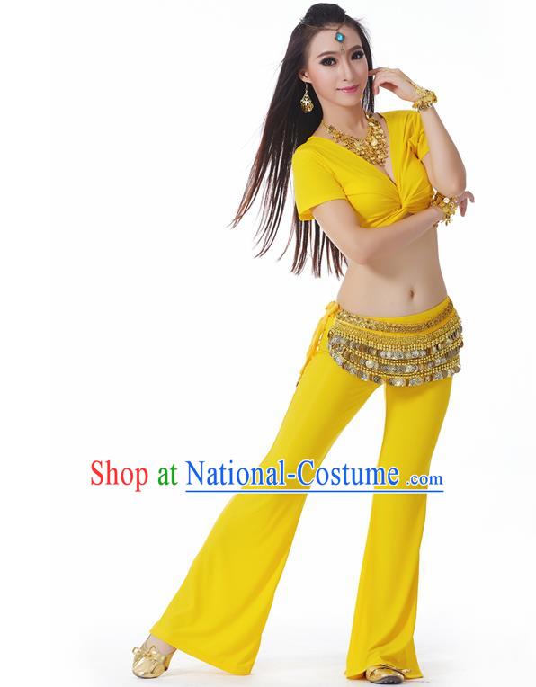 Asian Indian Belly Dance Costume Stage Performance Yoga Yellow Outfits, India Raks Sharki Dress for Women