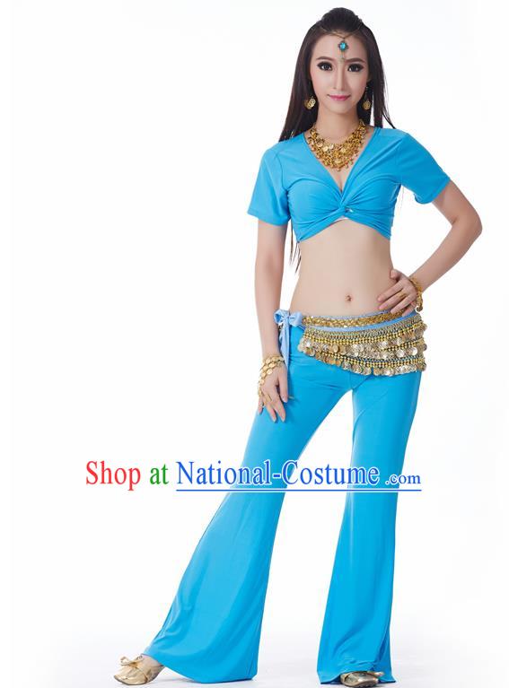 Asian Indian Belly Dance Costume Stage Performance Yoga Blue Outfits, India Raks Sharki Dress for Women