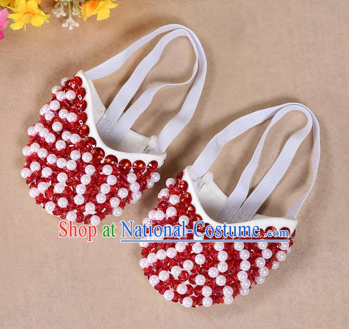 Asian Indian Belly Dance Shoes India Traditional Dance Red Beads Soft Shoes for for Women