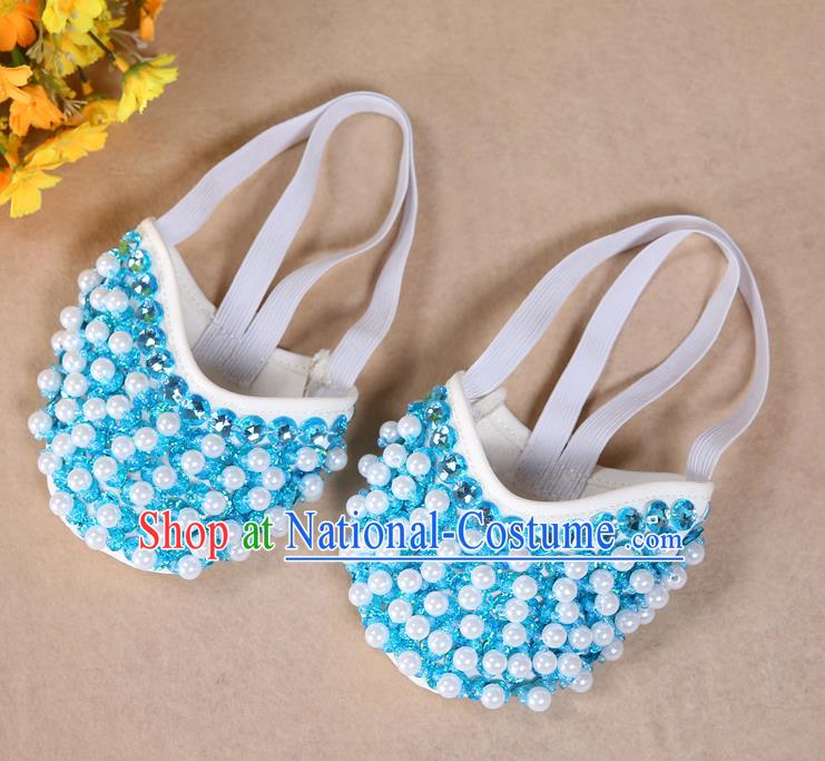 Asian Indian Belly Dance Shoes India Traditional Dance Light Blue Beads Soft Shoes for for Women