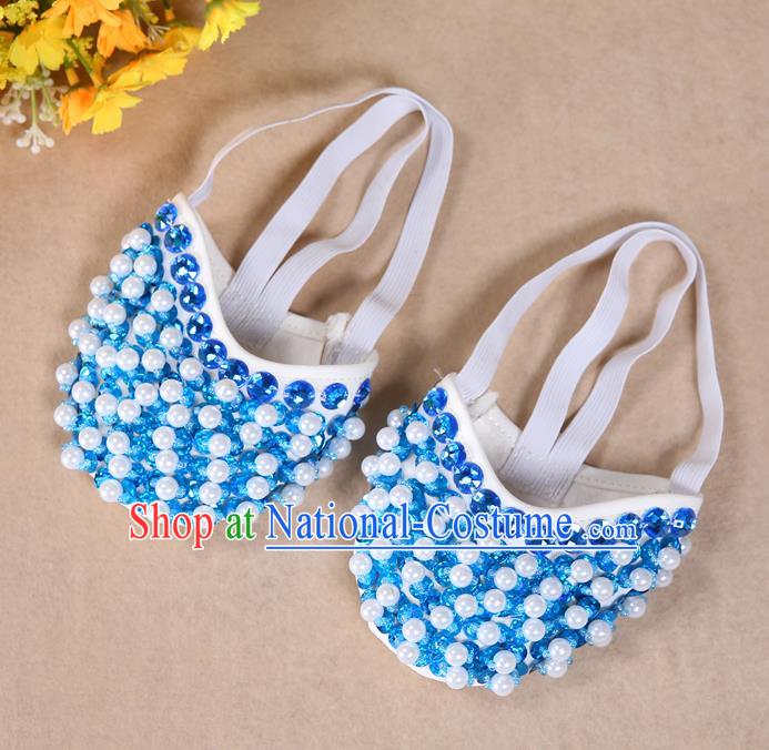 Asian Indian Belly Dance Shoes India Traditional Dance Blue Beads Soft Shoes for for Women