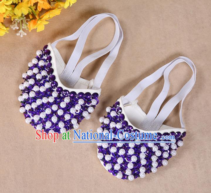 Asian Indian Belly Dance Shoes India Traditional Dance Purple Beads Soft Shoes for for Women