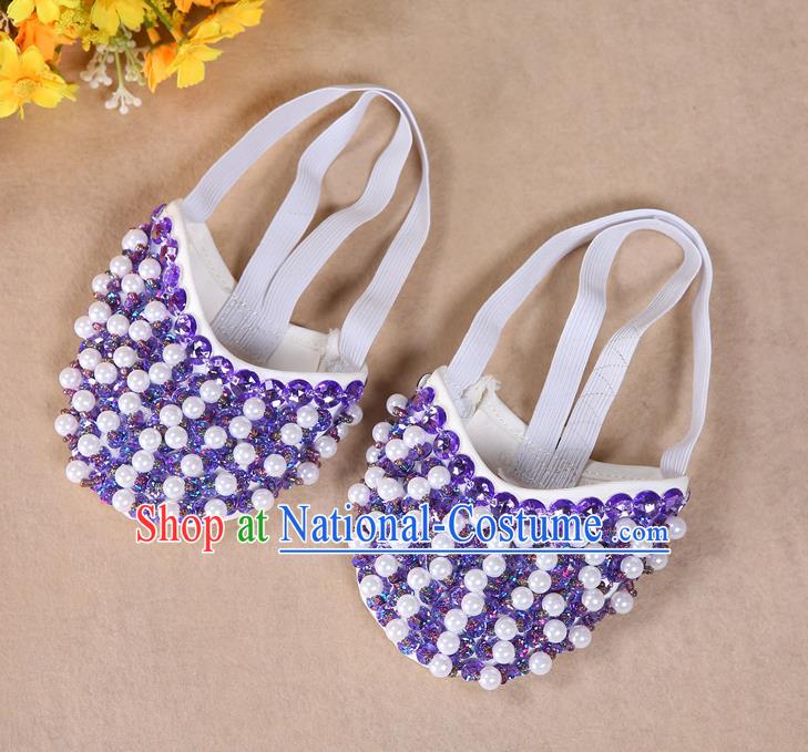 Asian Indian Belly Dance Shoes India Traditional Dance Light Purple Beads Soft Shoes for for Women