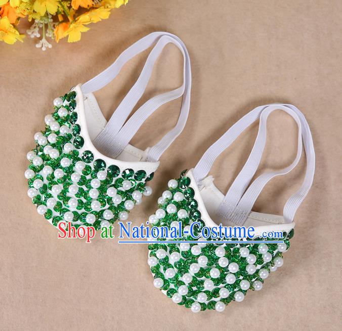 Asian Indian Belly Dance Shoes India Traditional Dance Green Beads Soft Shoes for for Women