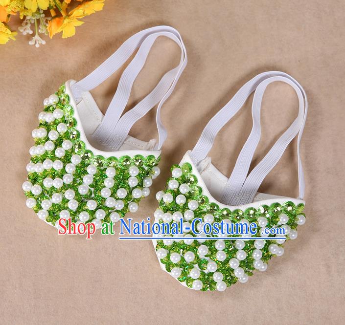 Asian Indian Belly Dance Shoes India Traditional Dance Light Green Beads Soft Shoes for for Women