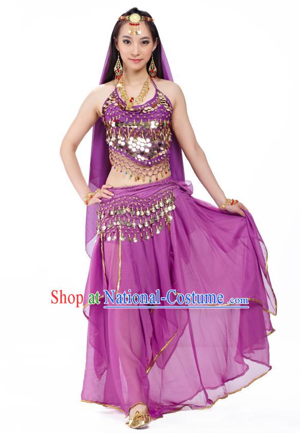 Asian Indian Belly Dance Purple Costume Stage Performance Outfits, India Raks Sharki Dress for Women