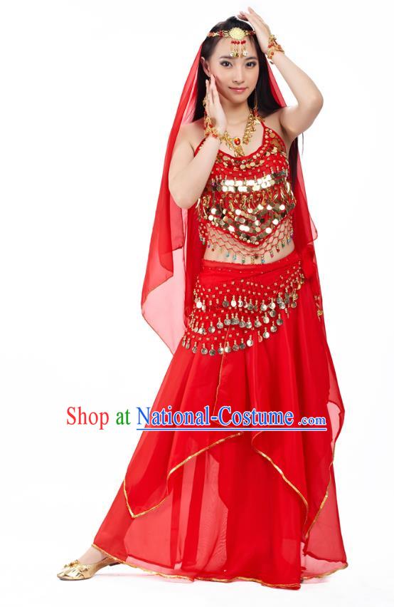 Asian Indian Belly Dance Red Costume Stage Performance Outfits, India Raks Sharki Dress for Women