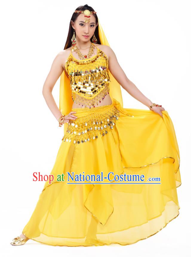 Asian Indian Belly Dance Yellow Costume Stage Performance Outfits, India Raks Sharki Dress for Women