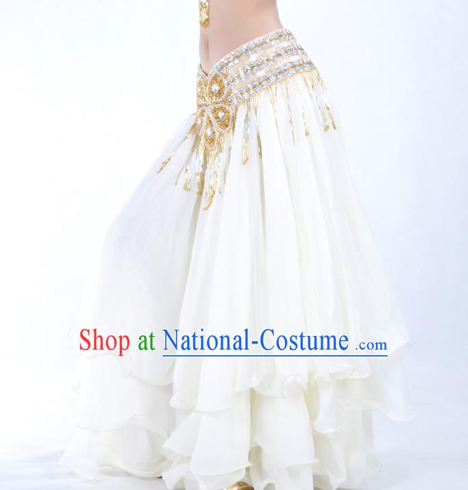 Asian Indian Belly Dance Costume Stage Performance White Expansion Skirt, India Raks Sharki Dress for Women