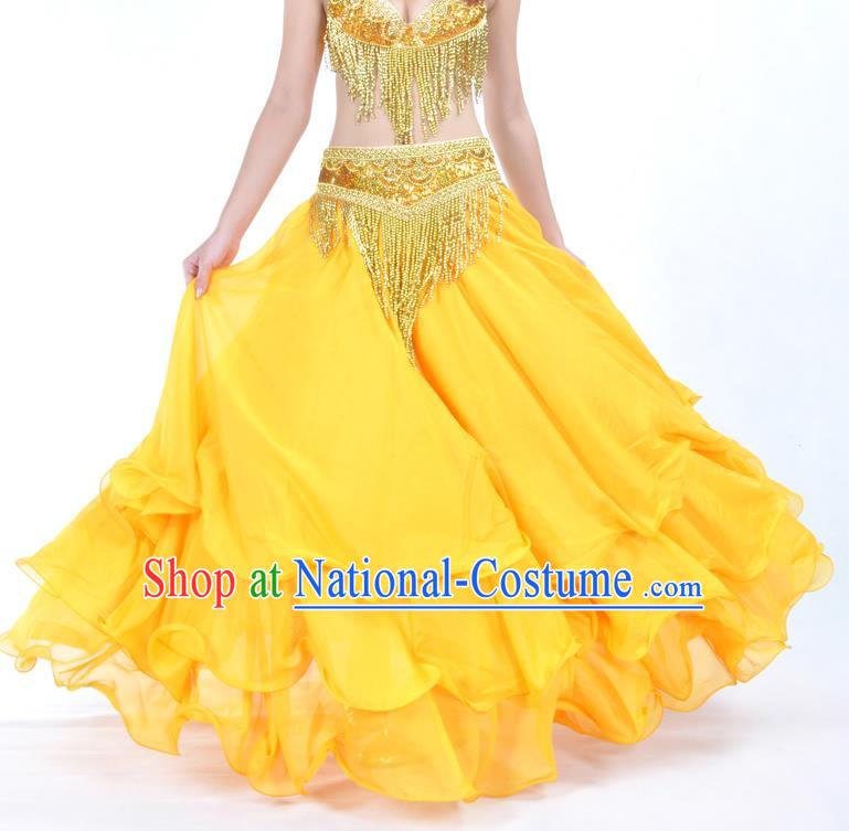 Asian Indian Belly Dance Costume Stage Performance Yellow Expansion Skirt, India Raks Sharki Dress for Women