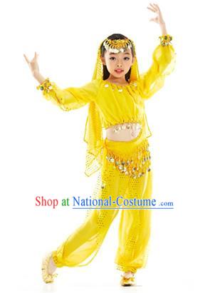 Asian Indian Belly Dance Uniform India Raks Sharki Dress Oriental Dance Yellow Clothing for Kids