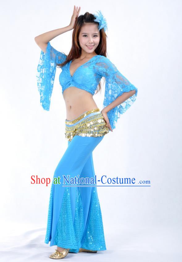 Indian Belly Dance Blue Lace Costume India Raks Sharki Suits Oriental Dance Clothing for Women