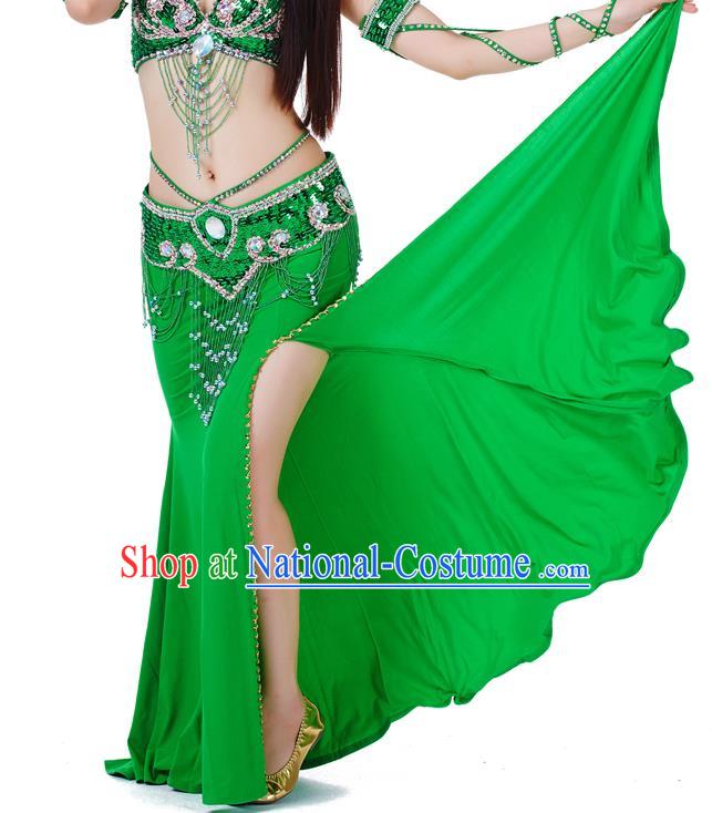 Top Indian Belly Dance Costume Green Split Skirt, India Raks Sharki Clothing for Women