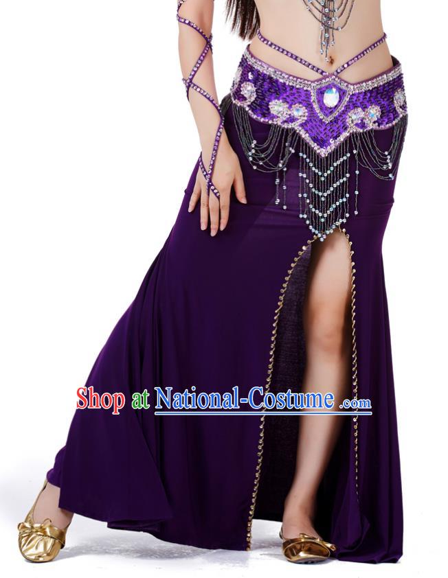 Top Indian Belly Dance Costume Purple Split Skirt, India Raks Sharki Clothing for Women