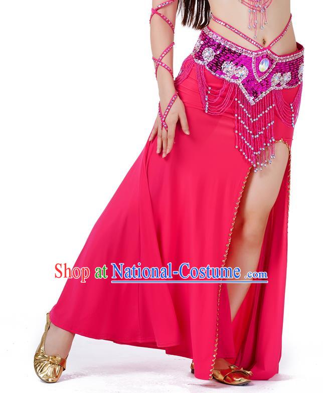 Top Indian Belly Dance Costume Rosy Split Skirt, India Raks Sharki Clothing for Women