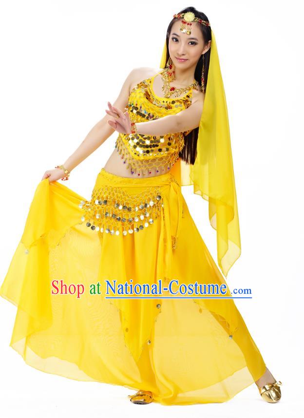 Top Indian Belly Dance Costume Oriental Dance Yellow Dress, India Raks Sharki Clothing for Women