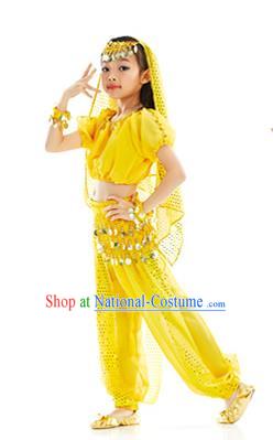 Top Indian Belly Dance Costume Oriental Dance Yellow Dress, India Raks Sharki Clothing for Kids