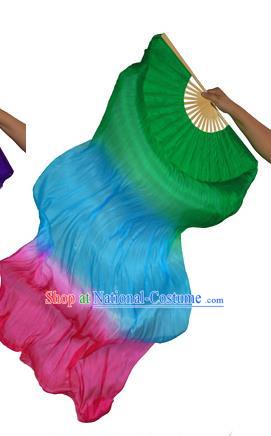China Folk Dance Three-colour Folding Fans Yanko Dance Green Silk Fans for for Women