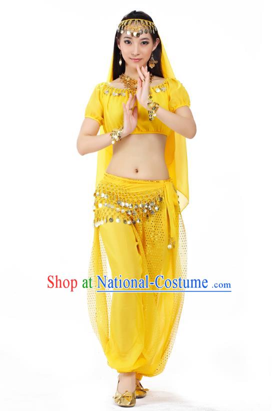 Top Indian Bollywood Belly Dance Costume Oriental Dance Yellow Dress, India Raks Sharki Clothing for Women