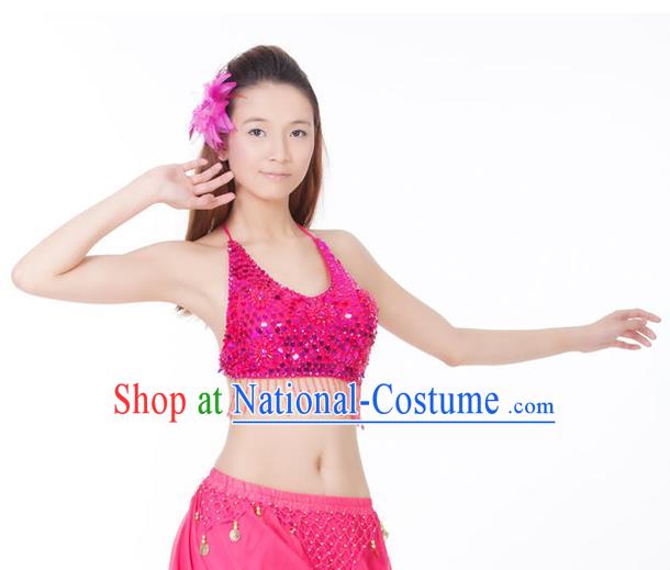 Top Indian Bollywood Belly Dance Costume Oriental Dance Rosy Paillette Brassiere for Women