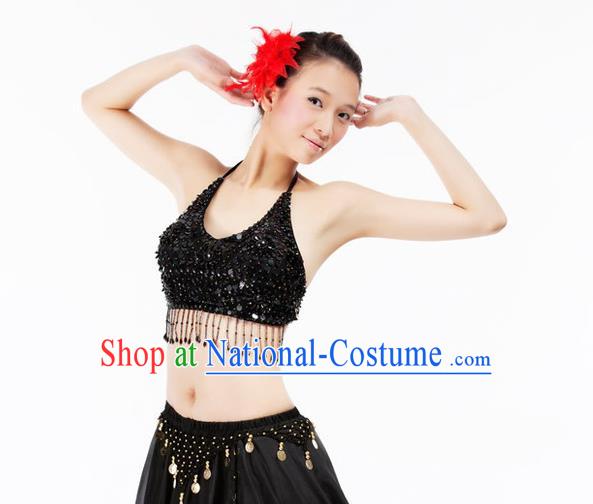 Top Indian Bollywood Belly Dance Costume Oriental Dance Black Paillette Brassiere for Women