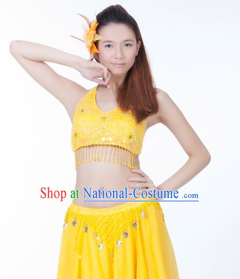 Top Indian Bollywood Belly Dance Costume Oriental Dance Yellow Paillette Brassiere for Women