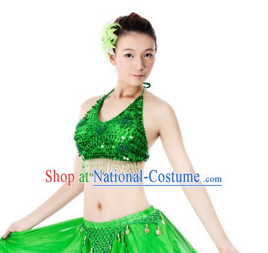 Top Indian Bollywood Belly Dance Costume Oriental Dance Green Paillette Brassiere for Women