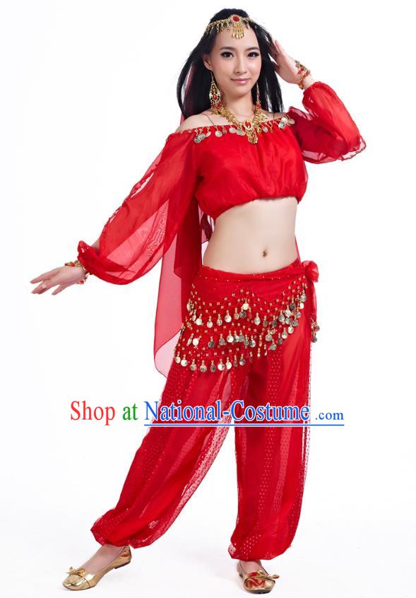 Top Indian Bollywood Belly Dance Red Costume Oriental Dance Stage Performance Clothing for Women