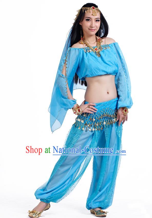 Top Indian Bollywood Belly Dance Blue Costume Oriental Dance Stage Performance Clothing for Women