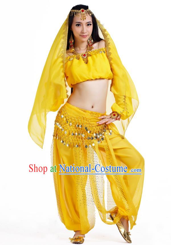 Top Indian Bollywood Belly Dance Yellow Costume Oriental Dance Stage Performance Clothing for Women