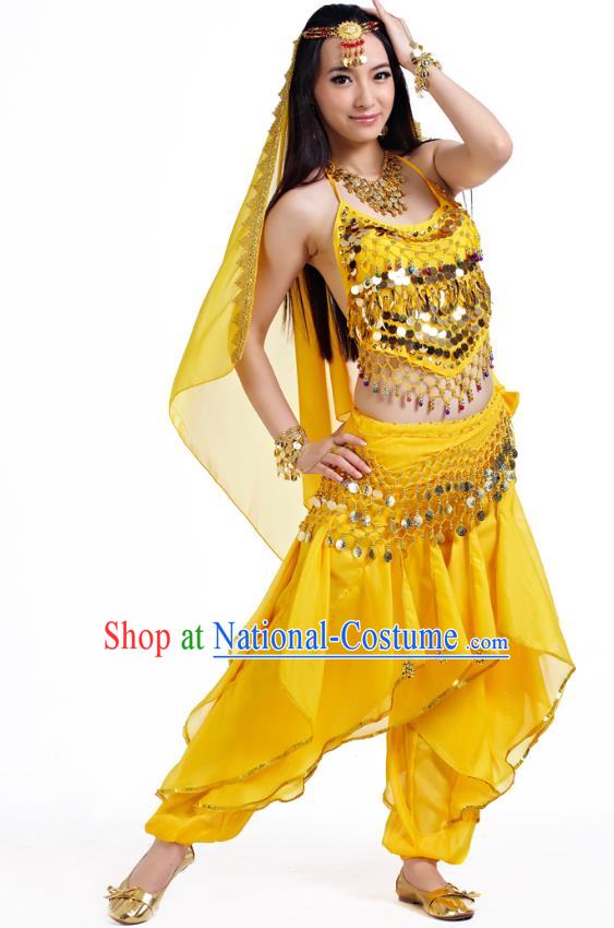 Indian Oriental Belly Dance Yellow Costume, India Raks Sharki Bollywood Dance Clothing for Women