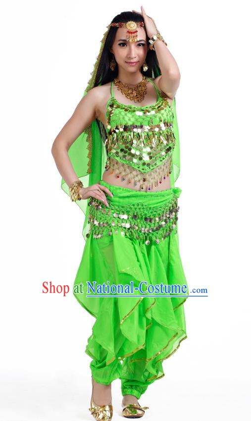 Indian Oriental Belly Dance Light Green Costume, India Raks Sharki Bollywood Dance Clothing for Women