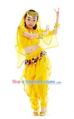 Top Indian Belly Dance Yellow Costume Oriental Dance Stage Performance Clothing for Kids