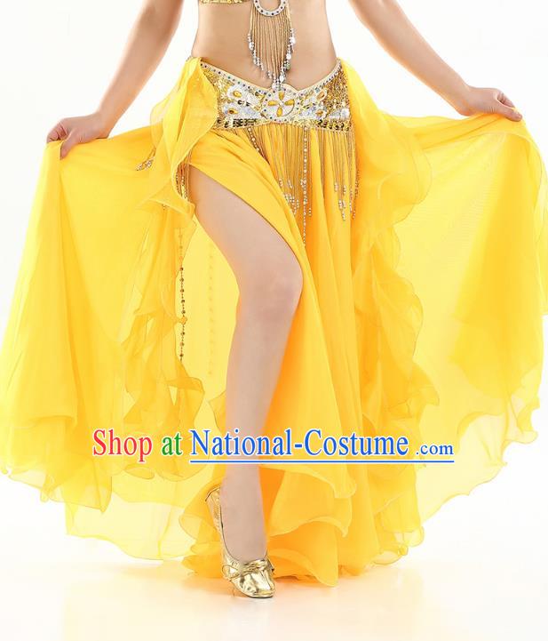 Top Indian Belly Dance Costume High Split Yellow Skirt Oriental Dance Stage Performance Clothing for Women