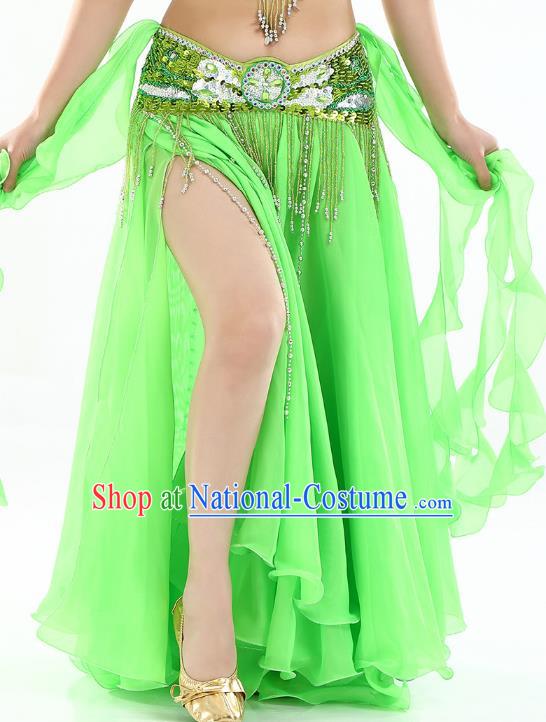 Top Indian Belly Dance Costume High Split Light Green Skirt Oriental Dance Stage Performance Clothing for Women