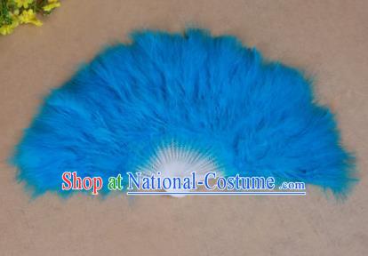 China Folk Dance Folding Fans Yanko Dance Blue Feather Fans for Women