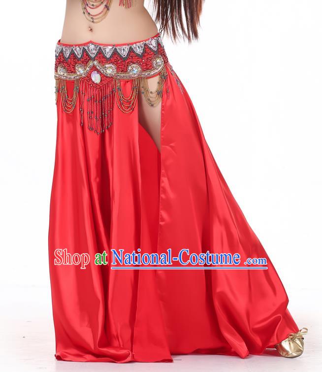 Indian Belly Dance Costume Bollywood Oriental Dance Red Satin Skirt for Women