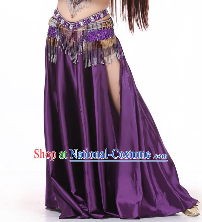 Indian Belly Dance Costume Bollywood Oriental Dance Purple Satin Skirt for Women