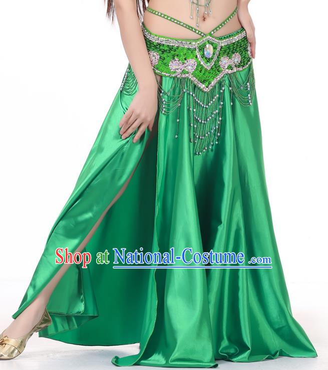 Indian Belly Dance Costume Bollywood Oriental Dance Green Satin Skirt for Women