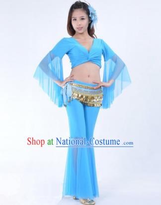 Asian Indian Belly Dance Training Blue Uniform India Bollywood Oriental Dance Clothing for Women