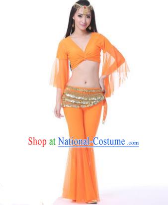 Asian Indian Belly Dance Training Orange Uniform India Bollywood Oriental Dance Clothing for Women