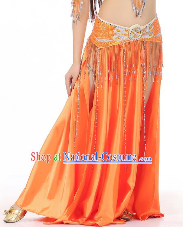 Indian Belly Dance Costume Bollywood Oriental Dance Orange Satin Skirt for Women