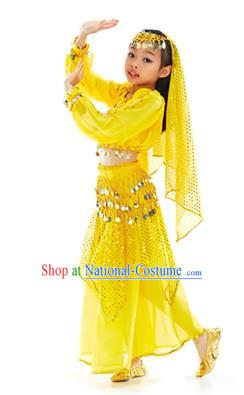 Indian Traditional Belly Dance Yellow Dress Asian India Oriental Dance Costume for Kids