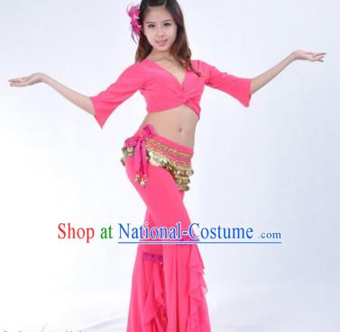 Indian Traditional Belly Dance Rosy Uniform Asian India Oriental Dance Costume for Women